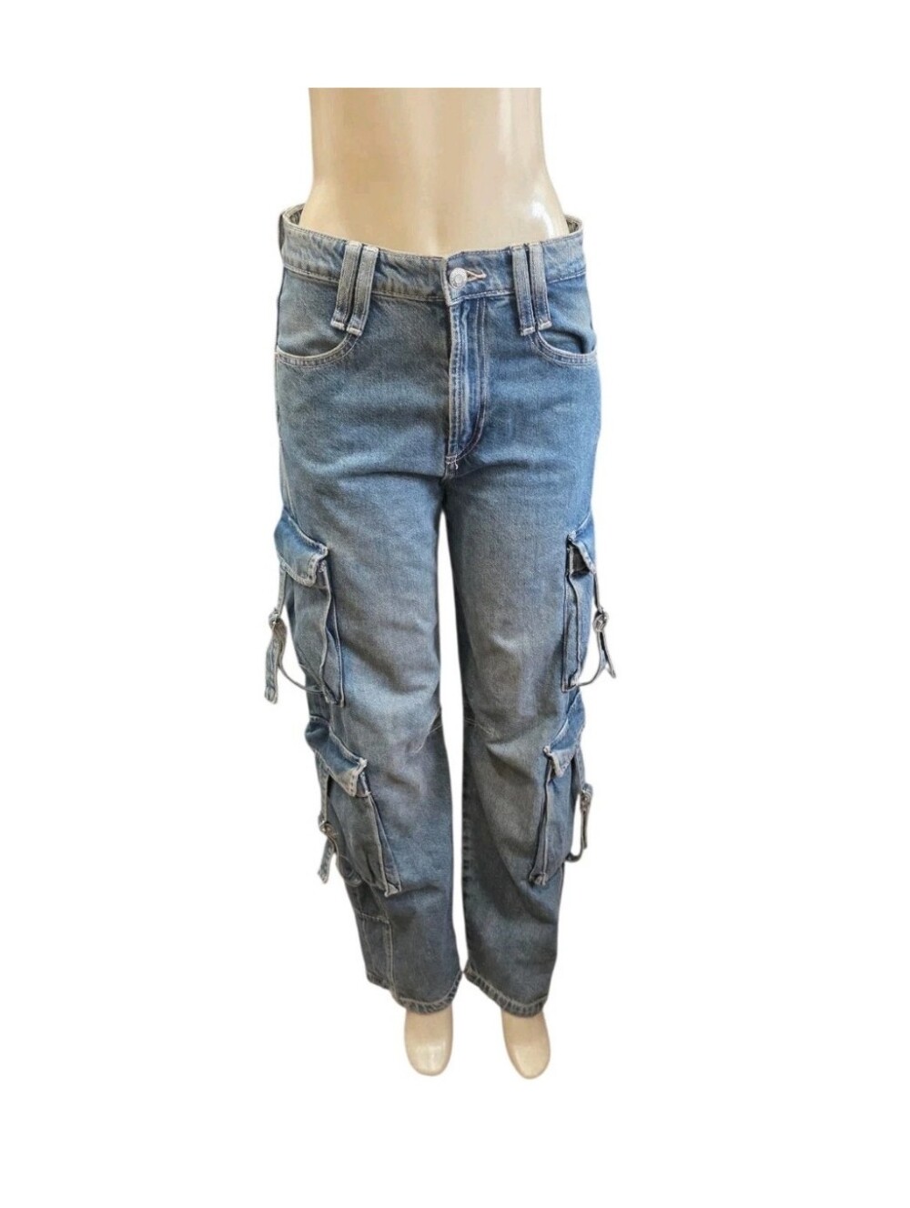 Zara Low Rise Baggy Cargo Jeans Size 2 Multi-Pocket Utility Denim